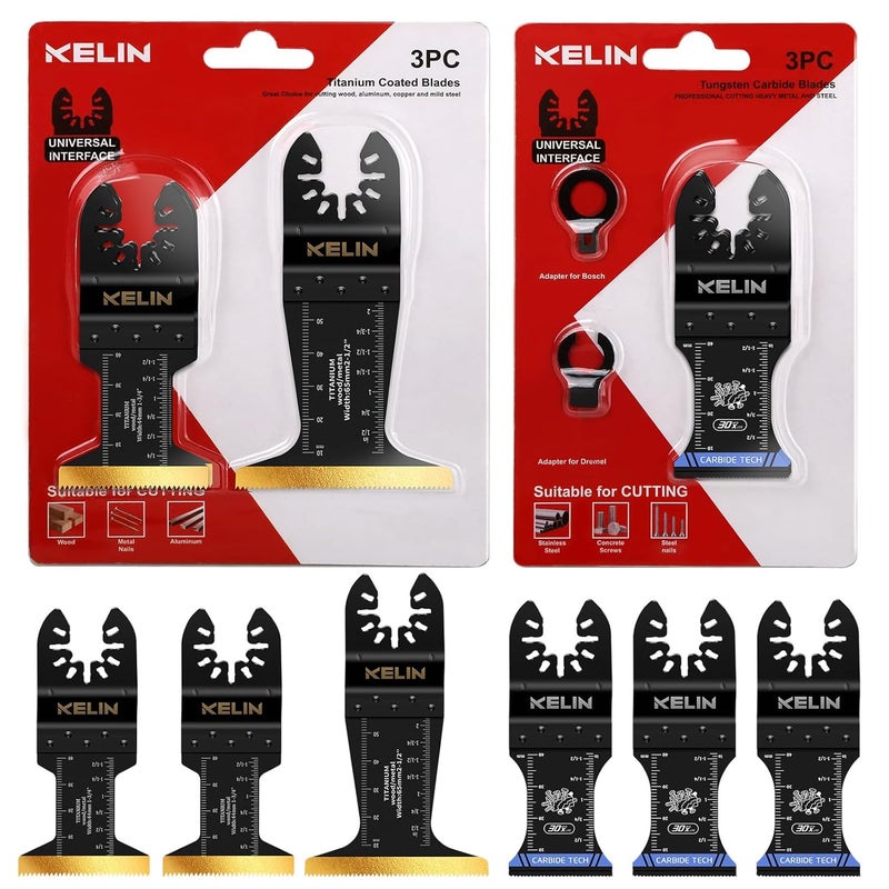 KELIN 6 PCS Carbide and Titanium Multitool Blades Kit, Heavy Duty Oscillating Tool Saw Blades for Steel Bolts Screws Metal Wood Cutting with Hangable Case, Universal Interface Fit Bosch Fein Dewalt - Image 1